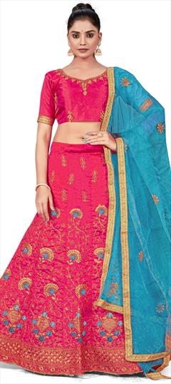 Festive, Reception Pink and Majenta color Lehenga in Art Silk fabric with A Line Embroidered, Stone, Thread, Zari work : 1863438