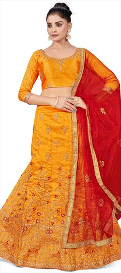 Festive, Reception Yellow color Lehenga in Art Silk fabric with A Line, Elbow Sleeve Embroidered, Stone, Thread, Zari work : 1863439