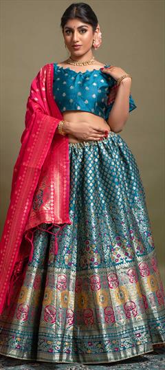 Festive, Party Wear Blue color Lehenga in Banarasi Silk fabric with A Line Weaving work : 1863447