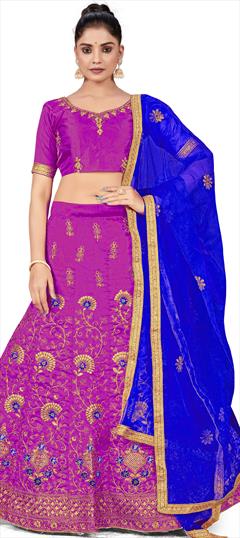 Festive, Reception Pink and Majenta color Lehenga in Art Silk fabric with A Line Embroidered, Stone, Thread, Zari work : 1863448