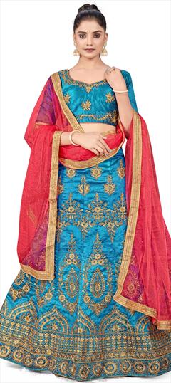 Festive, Party Wear Blue color Lehenga in Art Silk fabric with A Line Embroidered, Stone, Thread, Zari work : 1863451