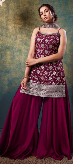 Festive, Reception Pink and Majenta color Salwar Kameez in Silk fabric with Palazzo, Straight Weaving work : 1863475