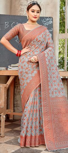 Casual, Traditional Black and Grey color Saree in Organza Silk, Silk fabric with South Printed work : 1863492