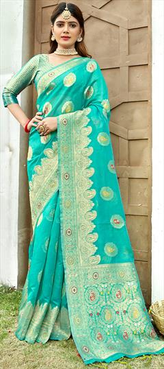 Traditional Blue color Saree in Organza Silk, Silk fabric with South Weaving work : 1863502