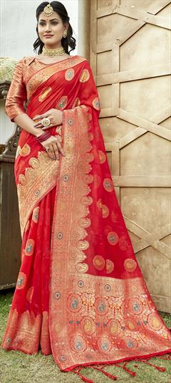 Traditional Red and Maroon color Saree in Organza Silk, Silk fabric with South Weaving work : 1863505