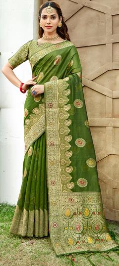 Traditional Green color Saree in Organza Silk, Silk fabric with South Weaving work : 1863506