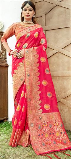 Traditional Pink and Majenta color Saree in Organza Silk, Silk fabric with South Weaving work : 1863509
