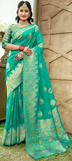 Traditional Blue color Saree in Organza Silk, Silk fabric with South Weaving work : 1863511