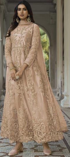 Party Wear, Reception Beige and Brown color Salwar Kameez in Net fabric with A Line Embroidered, Thread, Zari work : 1863563