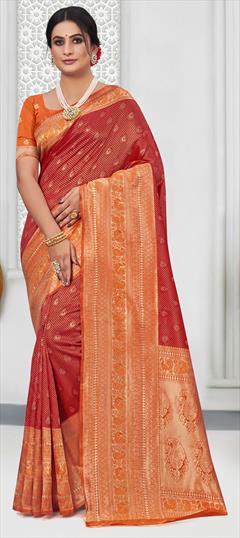 Traditional Orange, Red and Maroon color Saree in Art Silk, Silk fabric with South Weaving work : 1863575