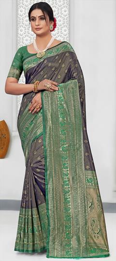 Traditional Blue, Green color Saree in Art Silk, Silk fabric with South Weaving work : 1863577