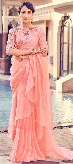 Designer, Party Wear Pink and Majenta color Saree in Organza Silk fabric with Classic Embroidered, Zari work : 1863614