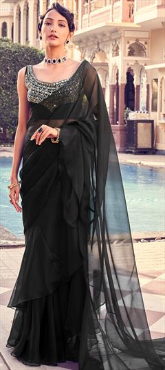 Designer, Party Wear Black and Grey color Saree in Georgette fabric with Classic Embroidered, Zari work : 1863617