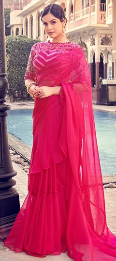 Designer, Party Wear Pink and Majenta color Saree in Organza Silk fabric with Classic Embroidered, Zari work : 1863620