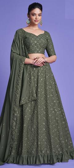 Reception Green color Lehenga in Georgette fabric with A Line Embroidered, Sequence work : 1863623