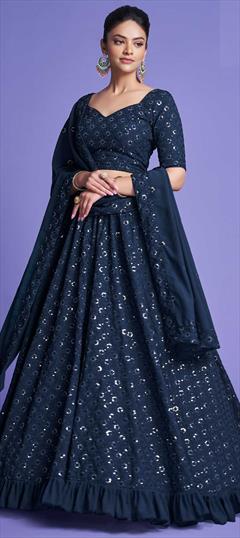 Reception Blue color Lehenga in Georgette fabric with Classic Embroidered, Sequence work : 1863628