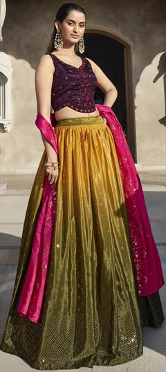 Engagement, Reception Green, Yellow color Lehenga in Georgette fabric with A Line Mirror work : 1863661