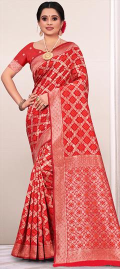 Traditional Red and Maroon color Saree in Art Silk, Silk fabric with South Weaving work : 1863788