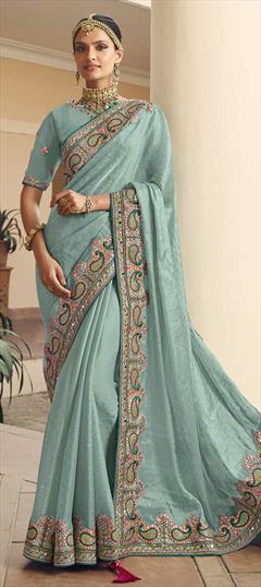 Traditional, Wedding Green color Saree in Silk fabric with South Embroidered, Mirror, Resham, Stone, Thread work : 1863808