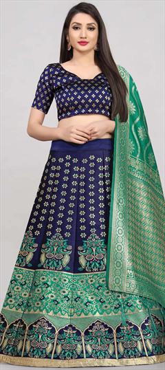 Mehendi Sangeet, Reception Blue, Green color Lehenga in Banarasi Silk fabric with A Line Weaving work : 1863857