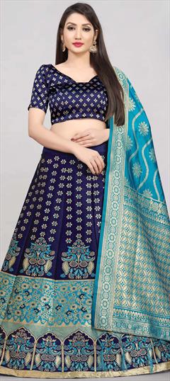 Mehendi Sangeet, Reception Blue color Lehenga in Banarasi Silk fabric with A Line Weaving work : 1863861