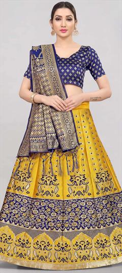 Mehendi Sangeet, Reception Yellow color Lehenga in Banarasi Silk fabric with A Line Weaving work : 1863864