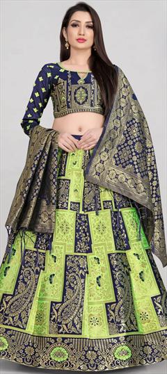 Festive, Reception Green color Lehenga in Banarasi Silk fabric with A Line, Elbow Sleeve Weaving work : 1863868