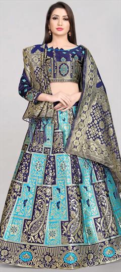 Festive, Reception Blue color Lehenga in Banarasi Silk fabric with A Line, Elbow Sleeve Weaving work : 1863874