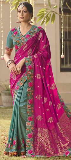 Traditional, Wedding Blue, Pink and Majenta color Saree in Art Silk, Silk fabric with South Bugle Beads, Embroidered, Sequence, Weaving work : 1863913