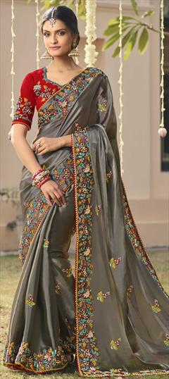 Traditional, Wedding Black and Grey color Saree in Organza Silk, Silk fabric with South Bugle Beads, Embroidered, Stone, Thread work : 1863919