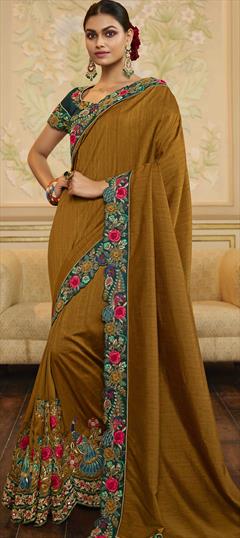 Traditional, Wedding Gold color Saree in Art Silk, Silk fabric with South Bugle Beads, Embroidered, Resham, Thread, Zari work : 1863923