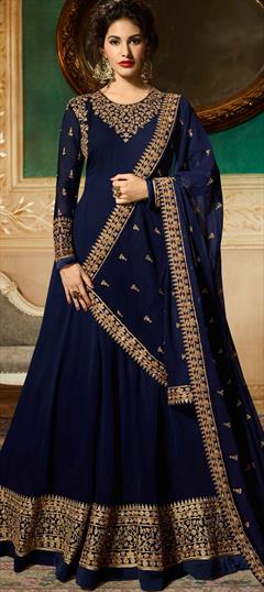 Bollywood Blue color Salwar Kameez in Georgette fabric with Anarkali Embroidered, Stone, Thread, Zari work : 1863930
