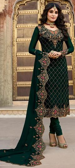 Bollywood Green color Salwar Kameez in Georgette fabric with Churidar, Straight Embroidered, Stone, Thread, Zari work : 1863933