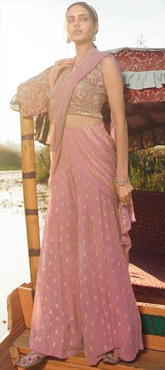 Bollywood Purple and Violet color Salwar Kameez in Georgette fabric with Palazzo Embroidered, Stone, Thread work : 1863936