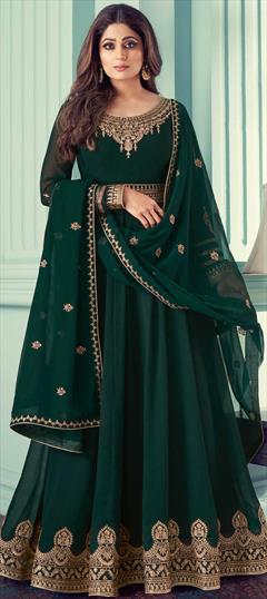 Bollywood Green color Salwar Kameez in Georgette fabric with Anarkali Embroidered, Stone, Thread work : 1863938