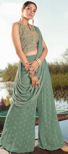 Bollywood Green color Salwar Kameez in Georgette fabric with Palazzo Embroidered, Stone, Thread work : 1863939