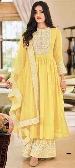 Bollywood Yellow color Salwar Kameez in Georgette fabric with Anarkali, Palazzo Embroidered, Sequence, Thread work : 1863940
