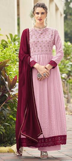 Party Wear, Reception Pink and Majenta color Salwar Kameez in Faux Georgette fabric with Straight Embroidered, Resham, Sequence, Thread work : 1863955