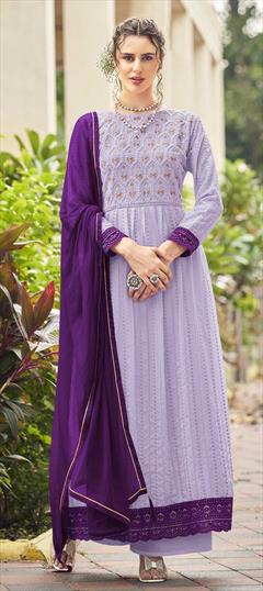 Party Wear, Reception Purple and Violet color Salwar Kameez in Faux Georgette fabric with Straight Embroidered, Resham, Sequence, Thread work : 1863958