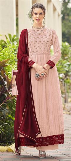 Party Wear, Reception Pink and Majenta color Salwar Kameez in Faux Georgette fabric with Straight Embroidered, Resham, Sequence, Thread work : 1863959