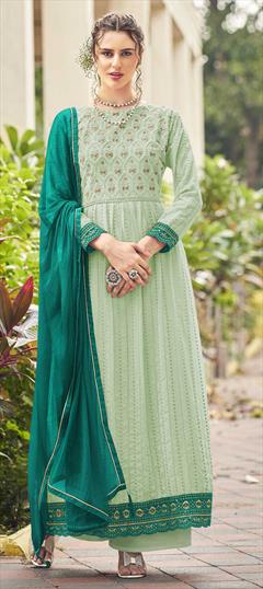 Party Wear, Reception Green color Salwar Kameez in Faux Georgette fabric with Straight Embroidered, Resham, Sequence, Thread work : 1863961