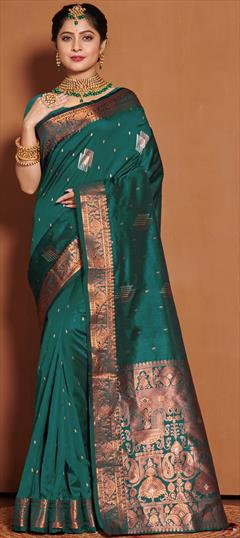Traditional Green color Saree in Banarasi Silk fabric with South Weaving work : 1864067