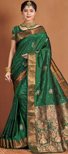 Traditional Green color Saree in Banarasi Silk fabric with South Weaving work : 1864070