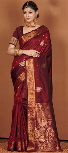 Traditional Red and Maroon color Saree in Banarasi Silk fabric with South Weaving work : 1864071