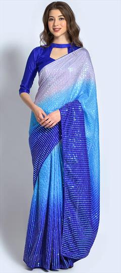 Party Wear, Reception Blue color Saree in Georgette fabric with Classic Sequence work : 1864129