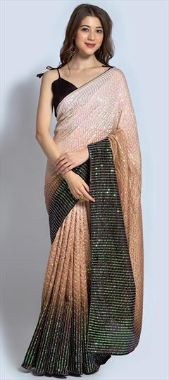 Party Wear, Reception Beige and Brown, Green color Saree in Georgette fabric with Classic Sequence work : 1864131