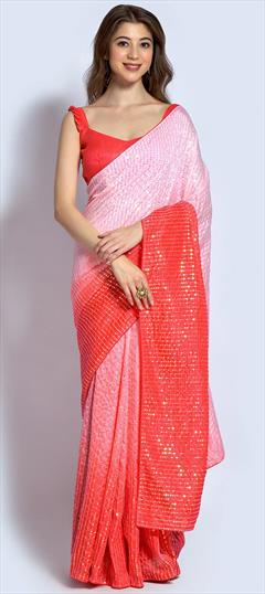 Party Wear, Reception Pink and Majenta color Saree in Georgette fabric with Classic Sequence work : 1864133