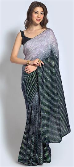Party Wear, Reception Black and Grey color Saree in Georgette fabric with Classic Sequence work : 1864136
