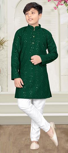 Green color Boys Kurta Pyjama in Cotton fabric with Embroidered, Sequence, Thread work : 1864229