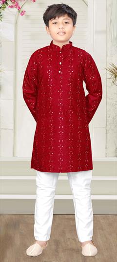 Red and Maroon color Boys Kurta Pyjama in Cotton fabric with Embroidered, Sequence, Thread work : 1864231